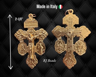 2-1/8" Gold Plated Pardon Indulgence Crucifix w/ Miraculous & Saint Benedict Medals Rosary Cross Charm · Made in Italy · Shipped from USA!