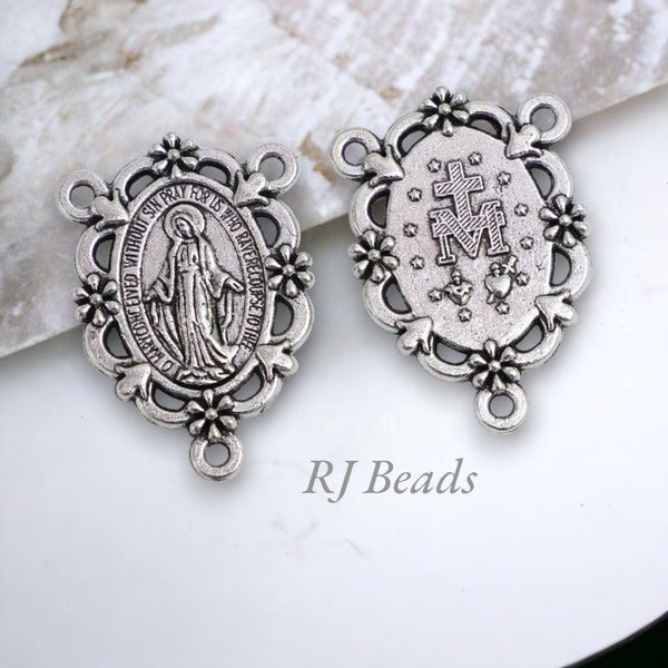 RJ Beads - Silver Ornate Miraculous Medal Rosary 1.25" Center Centerpiece | Rosary Parts | Connector | Link | Jewelry Supplies