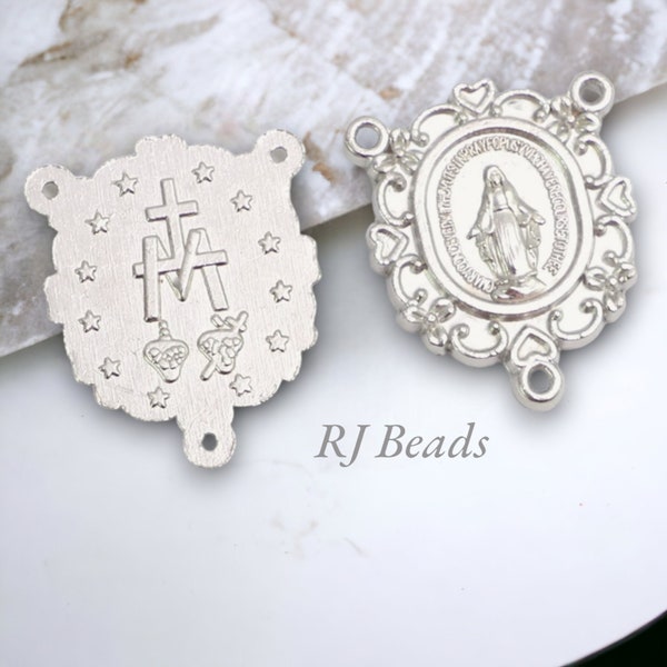 RJ Beads - 3/4" Silver Ornate Miraculous Medal Center Centerpiece | Rosary Parts | Connector Link | Supplies