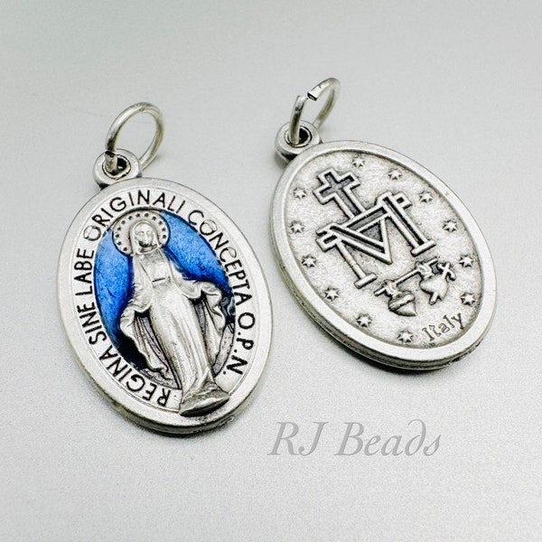 RJ Beads - Wholesale BLUE Miraculous Medal Virgin Mary Medal | Pendant | Necklace Jewelry | Charm | Bracelet - Size 1" - Jump ring included