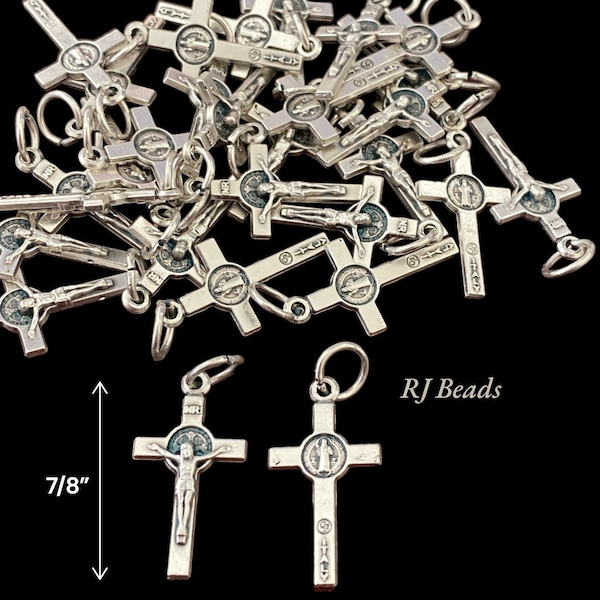 Wholesale - Tiny Small Crucifixes Crosses Saint St. Benedict Silver Crucifix Cross Pendant Bracelet Earrings Key Chains 7/8" - Made in Italy