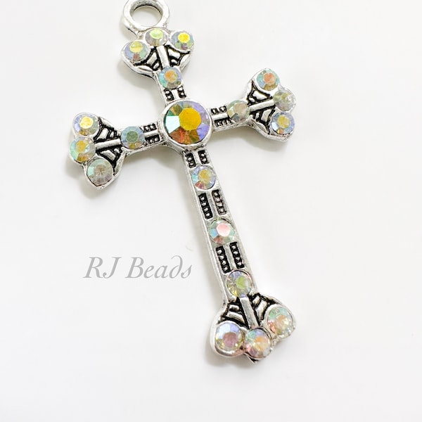 2" Large Silver Rhinestone Crystal AB Iridescent Sparkling Wedding Bridal Communion Rosary Cross Pendant Charm Candle Bible Jewels Pendant
