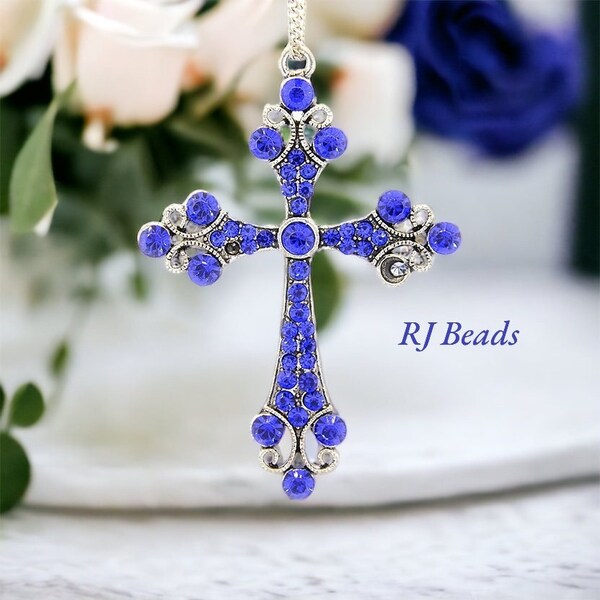 3" Large Silver Rhinestone Crystal SAPPHIRE BLUE Sparkling Wedding Bridal Communion Rosary Cross Pendant Charms Supply · Shipped from USA!