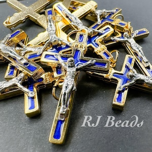 1.5&quot; · Gold Plated · Oxidized Silver · Blue Enamel · Crucifix Cross · Rosary · Jewelry · Pendant · Charm · Catholic · Shipped from USA!