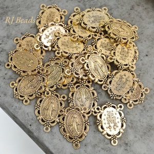 1.25&quot; Antique Gold Plated Ornate Miraculous Medal Rosary Center Centerpiece · Rosary Parts · Connector · Link · Jewelry Supplies