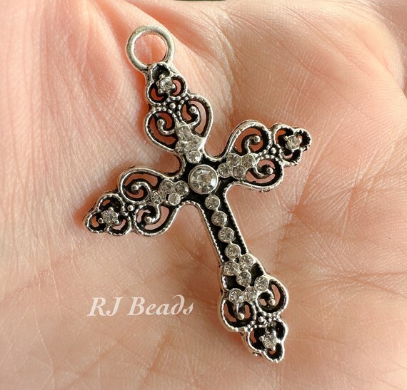 WHOLESALE 50 Crosses Antique Silver Rhinestone Crystal Clear