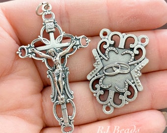 RJ Beads - Silver Orthodox/Byzantine Crucifix Cross 2 1/4" and Ornate Wedding Rings Centerpiece Set - Italy Rosary Pendant Charm Parts