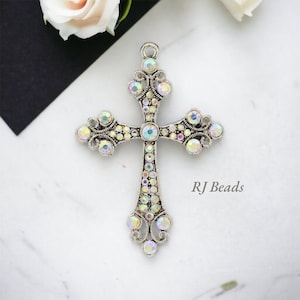5 Pcs - Large Silver Rhinestone Crystal AB Iridescent Sparkling Wedding Bridal Shower Communion Rosary Cross Pendant Charms