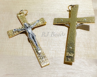 2" · Two-tone Gold Silver Beautiful Detailed Crucifix Cross Jesus with Angels · Charm · Necklace · Jewelry · Pendant · Rosary Making Supply