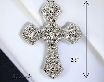 50 Crosses! Large (2.5 inch) Silver Sparkling Rhinestone Crystal Clear Wedding Bridal Communion Rosary Filigree Ornate Cross Pendant Charm