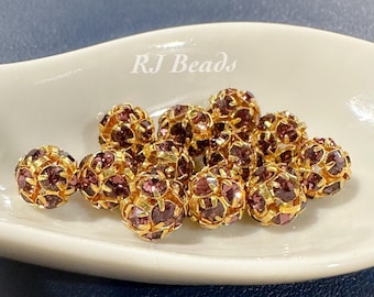 12 pcs! 7-7.5mm Czech Crystal Amethyst Purple Sparkling Rhinestone Gold Plated Ball Round Craft Jewelry Beads
