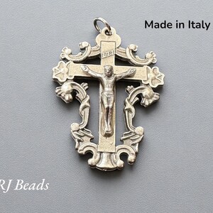 Silver Crucifix Pendant · 1-3/4” · Large Ornate Cut-Out Cross Charm · Made in Italy · Rosary Parts & Catholic Jewelry Making