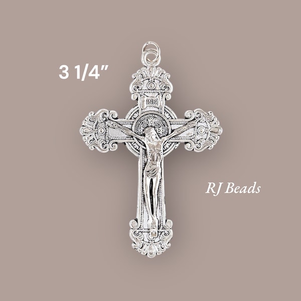 RJ Beads · Large · 3-1/4" · Silver Baroque Saint St. Benedict Silver Crucifix Rosary Cross Pendant · Shipped from USA!