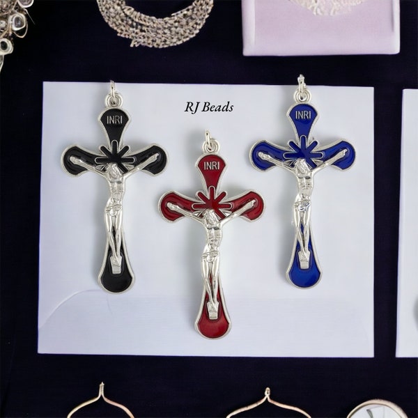 1, 3, 10, 24 pieces · BULK 3" Enamel Silver Catholic Christian Crucifix Cross Pendant Charm · Red · Blue · Black · Shipped from USA!