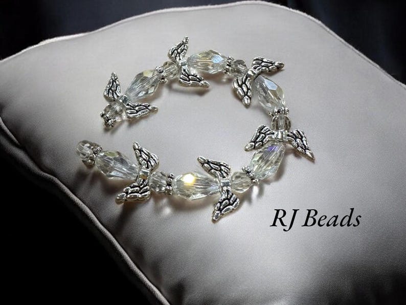 6 pcs per Strand · 17x14mm Angel Beaded Wings · Glass Antique Silver-plated Pewter · Clear AB · Dangle · Jewelry Supply · Shipped from USA! image 1