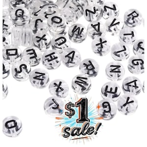 Package of 100! Clear Transparent Acrylic Craft Jewelry Beads · Horizontal Hole · Flat Round with Black Random Letters · Shipped from USA!