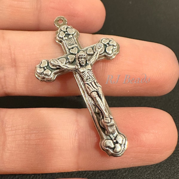 RJ Beads - Silver Byzantine Style Crucifix with Hearts | Cross Charm Pendant - 1.5" - Made in Italy | Rosary Supply | Jewelry Making