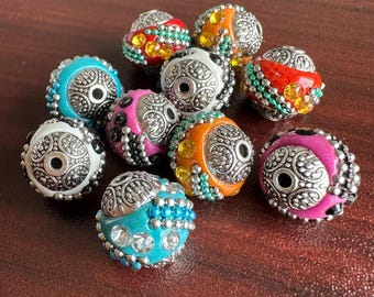 10 or 25 pcs · 13-16mm Handmade Indonesia Assorted Rhinestone Acrylic Beads with Alloy Core Antique Silver Design Craft Jewelry Ornament