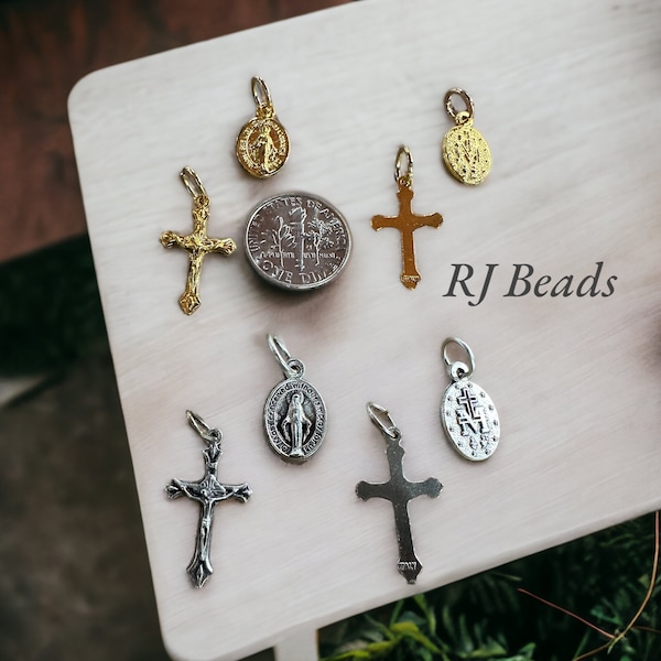 8 piece BUNDLE! Small Dainty Miraculous Medals and Crucifixes Crosses · Catholic Jewelry Bracelet Charms · Gold · Silver · Made in Italy