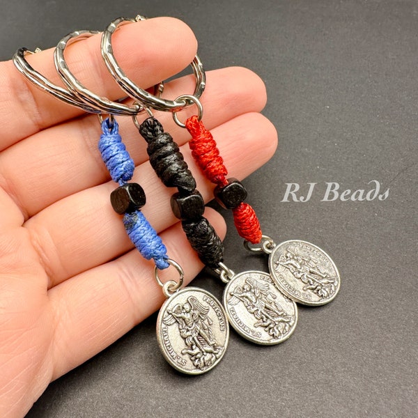 Silver Keychain Saint Michael / St Christopher Double Sided Blue Black Red Cord 3.5"" Prayer Keychain Key Chain | Catholic | Religious Gifts