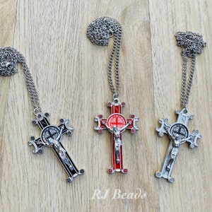 RJ Beads - 1 Piece - Large 3 inch St Benedict Crucifix Pendant with Silver, Black or Red Enamel Cross Charm Silver Chain Necklace Pendant
