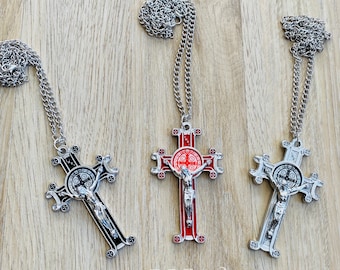 RJ Beads - 1 Piece - Large 3 inch St Benedict Crucifix Pendant with Silver, Black or Red Enamel Cross Charm Silver Chain Necklace Pendant