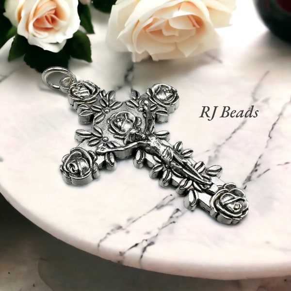 1, 10, 50 pieces · 2" Rose Silver Alloy Catholic Christian Crucifix Cross Pendant Charm · Shipped from USA!