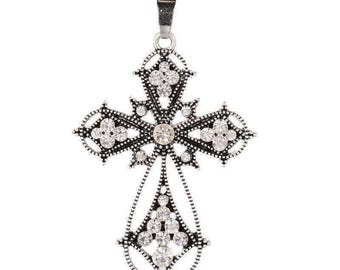 2" - Antique Large Silver Rhinestone Crystal Clear Sparkling Wedding Bridal Communion Rosary Cross Pendant Charm Candle Bible Jewel w/ Bail