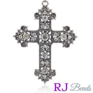 3-3/8&quot; Extra Large Cross · Antique Silver Rhinestone Crystal Wedding Bridal Rosary Pendant · Jewelry · Christmas · Ornaments · Supply