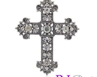 3-3/8&quot; Extra Large Cross · Antique Silver Rhinestone Crystal Wedding Bridal Rosary Pendant · Jewelry · Christmas · Ornaments · Supply