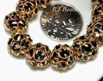 12 pcs! 7-7.5mm Czech Crystal Jet Black Sparkling Rhinestone Gold Plated Ball Round Craft Jewelry Beads