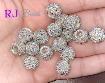 5, 10, 25 or 50 pcs · 12mm Silver Plated Crystal AB Iridescent Rhinestone Large Hole Jewelry Craft Beads