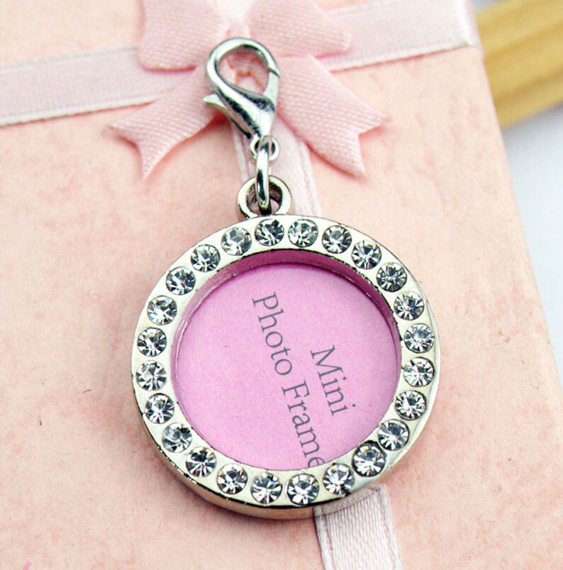 BULK Wholesale Round Circle Photo Charm w Clasp Bridal Wedding Silver Rhinestone Crystal Double Sided Picture Frame Memorial Free Ship!