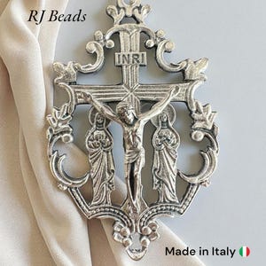 2-1/8&quot; · Oxidized Silver Ornate Cut-out Rosary Crucifix Charm Pendant with Virgin Mary and Mary Magdalene At Foot of Cross · Made in Italy