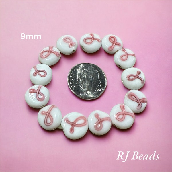 RJ Beads - 9-10mm Lamp worked White Glass Hand Painted Pink Ribbon Breast Cancer Awareness Jewelry Making Craft Beads · Shipped from USA!