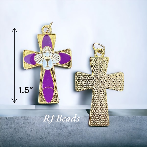 1, 3, 10, 25 or 100 pcs · Gold Plated Purple Enamel 1.5" First Communion Chalice Cross Pendant Charms · Shipped from USA!