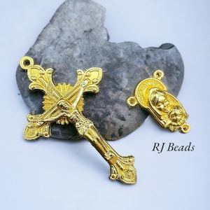 Gold (plated) Rosary Making Set - Flared Sunburst Crucifix Cross - 2-1/8&quot; - Mother and Child Center Centerpiece 3/4&quot; - Shipped from USA!