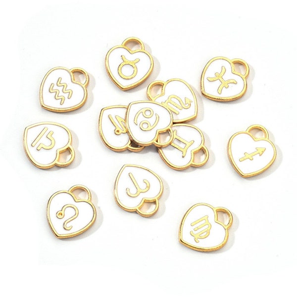 Assorted 12 Heart Horoscope Constellation Gold Plated White Enamel Charms for Jewelry Making Supply | DIY Projects | Crafts | Keychains