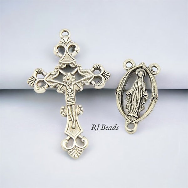 RJ Beads - Antique Silver SET of Ornate Alloy Miraculous Medal Rosary Making Center Centerpiece and Crucifix Cross · Shipped from USA!