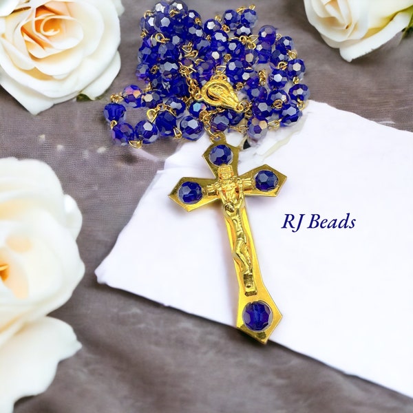 Sparkling Four Evangelist Sapphire Blue AB Glass Faceted Bead & Gold Prayer Rosary Cross Crucifix | Religious | Catholic | Shipped from USA!