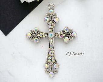 50 Crosses! BULK WHOLESALE - 3" Large Silver Rhinestone Crystal AB Iridescent Sparkling Wedding Bridal Communion Rosary Cross Pendant Charm