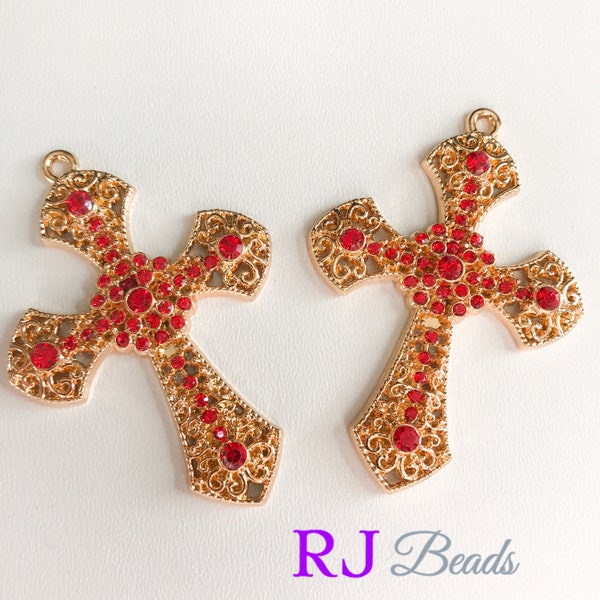 CLOSEOUT! Large 2.5 inch Gold Siam Red Rhinestone Crystal Wedding Bridal Communion Invitation Rosary Cross Pendant Charm Candle