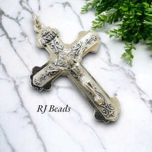 Large 2.25&quot; Silver Thick Scroll Style Crucifix Cross Charm Pendant · Made in Italy · Rosary Supply · Jewelry Pendant