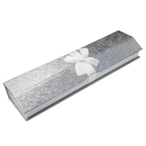 Silver with White Magnetic Ribbon · 8-1/4&quot; x 1-7/8&quot; x 1-1/8&quot; | Jewelry Pendant Bracelet Necklace Box and Velvet Insert