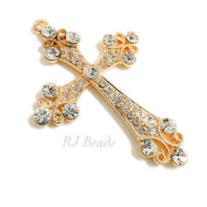 Package of 2! Large Gold Rhinestone Crystal Clear Cross Wedding Bridal Shower Rosary Supplies, Pendant, Charm