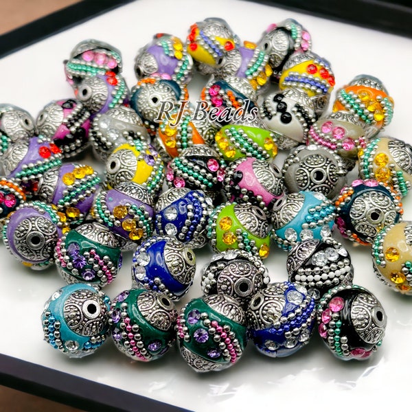 10 or 25 pcs · 13-16mm Handmade Indonesia Assorted Rhinestone Acrylic Beads with Alloy Core Antique Silver Design Craft Jewelry Ornament