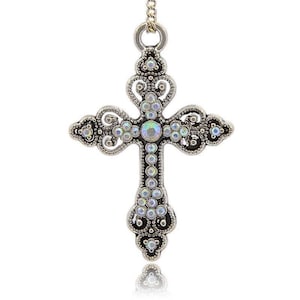 WHOLESALE - 50 Crosses! - Antique Silver Iridescent Rhinestone Crystal Wedding Bridal Communion Baptism Rosary Cross Pendant Charms