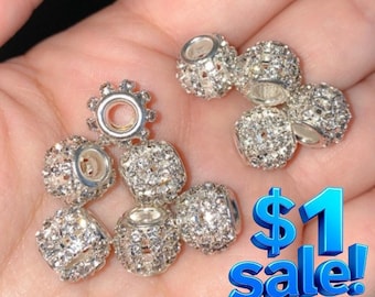 5, 10, 25 or 50 pcs · 12mm Silver Plated European Crystal Clear Sparkling Rhinestone Big Hole Jewelry Supplies Craft Beads · USA Shipping