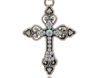 2" Crystal AB Iridescent Cross for Rosary, Wedding, Antique Silver Rhinestone Charm, Iridescent Sparkling Pendant