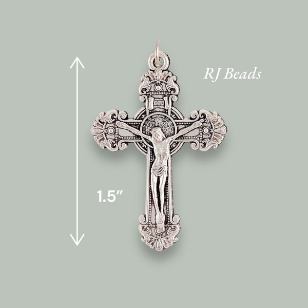 RJ Beads · 1-1/2" · Small Silver Baroque Saint St. Benedict Silver Crucifix Rosary Cross Pendant · Shipped from USA!